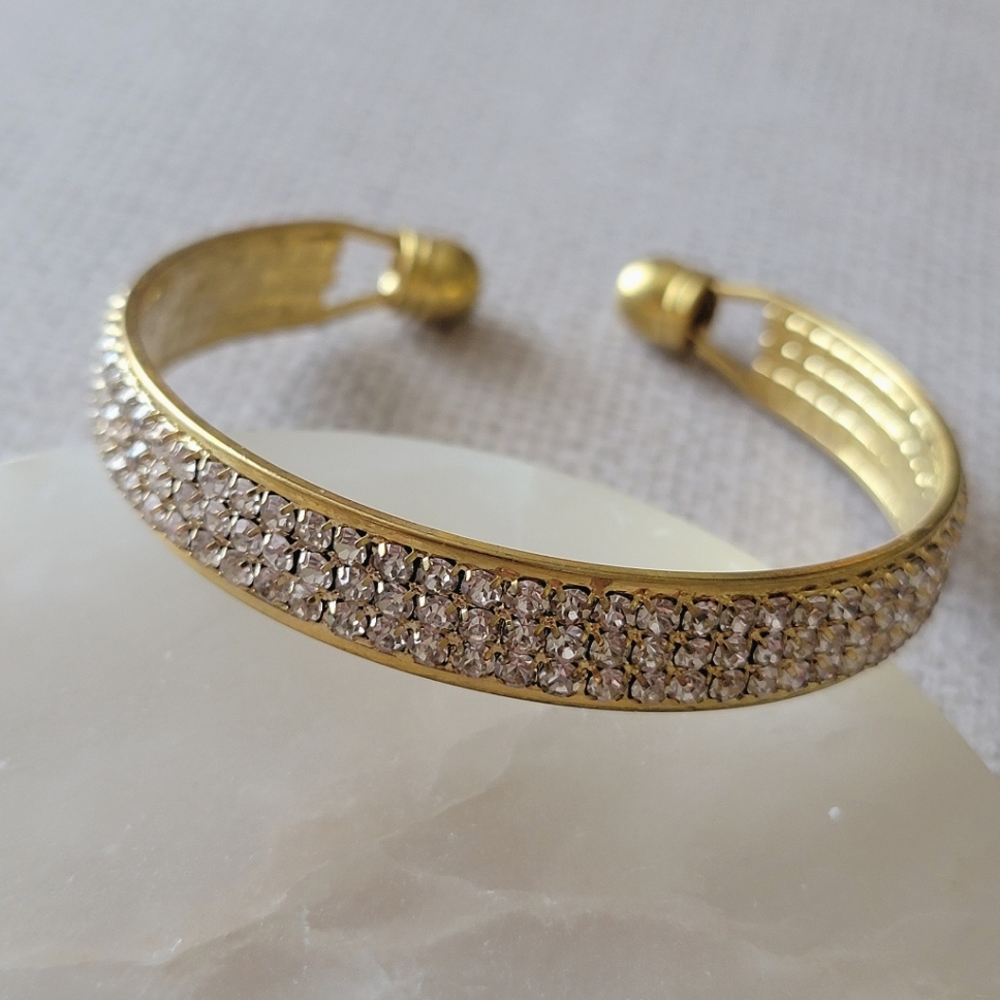 Cuff Bracelet in Gold Tone and Rhinestone Diamond Pave